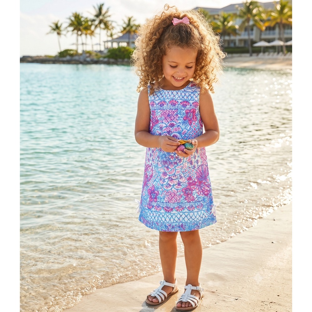 Lilly‎ Pulitzer Girls Shift Dress Size 7 Seashells Lobster  Flowers Bows Blue